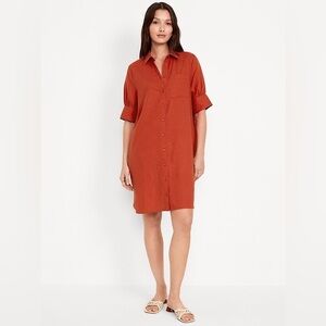 NWT Old Navy Linen-Blend Shirt Dress Bronzed Amber Rust Red L Large Linen Blend